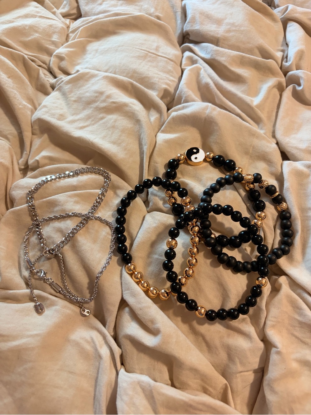 Free People Gold & Black Beaded Yin-Yang Bracelet Set